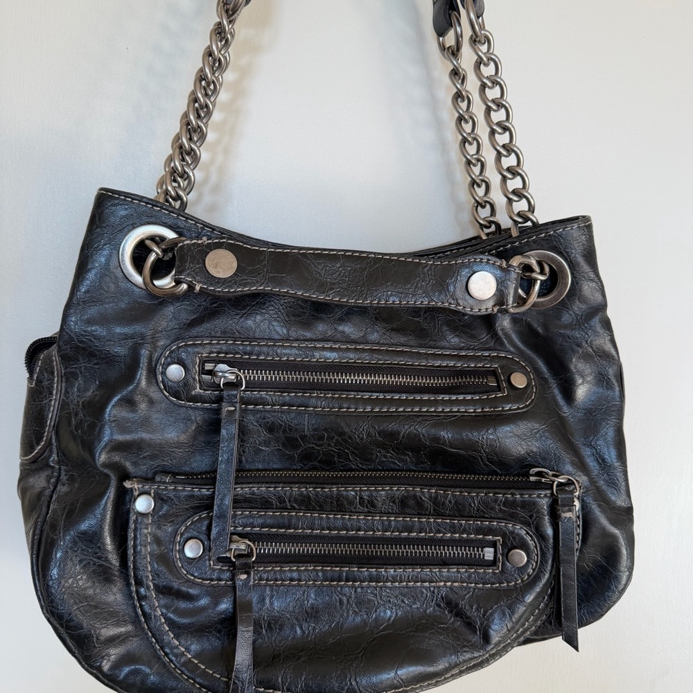 Nine West Black/Brown Shoulder Bag Chain Strap Multi Pocket Purse